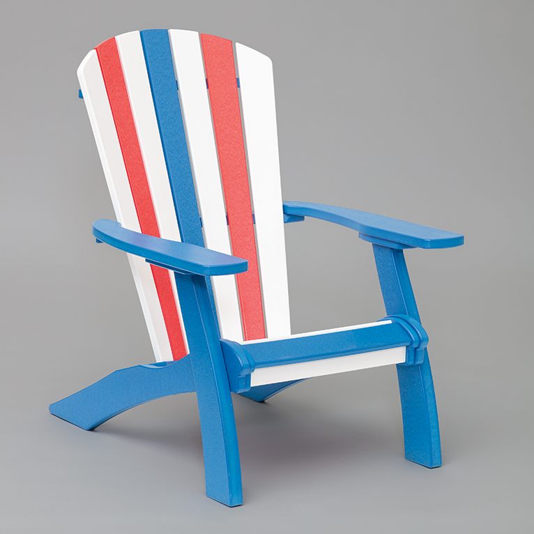 red white and blue adirondack chair with arms