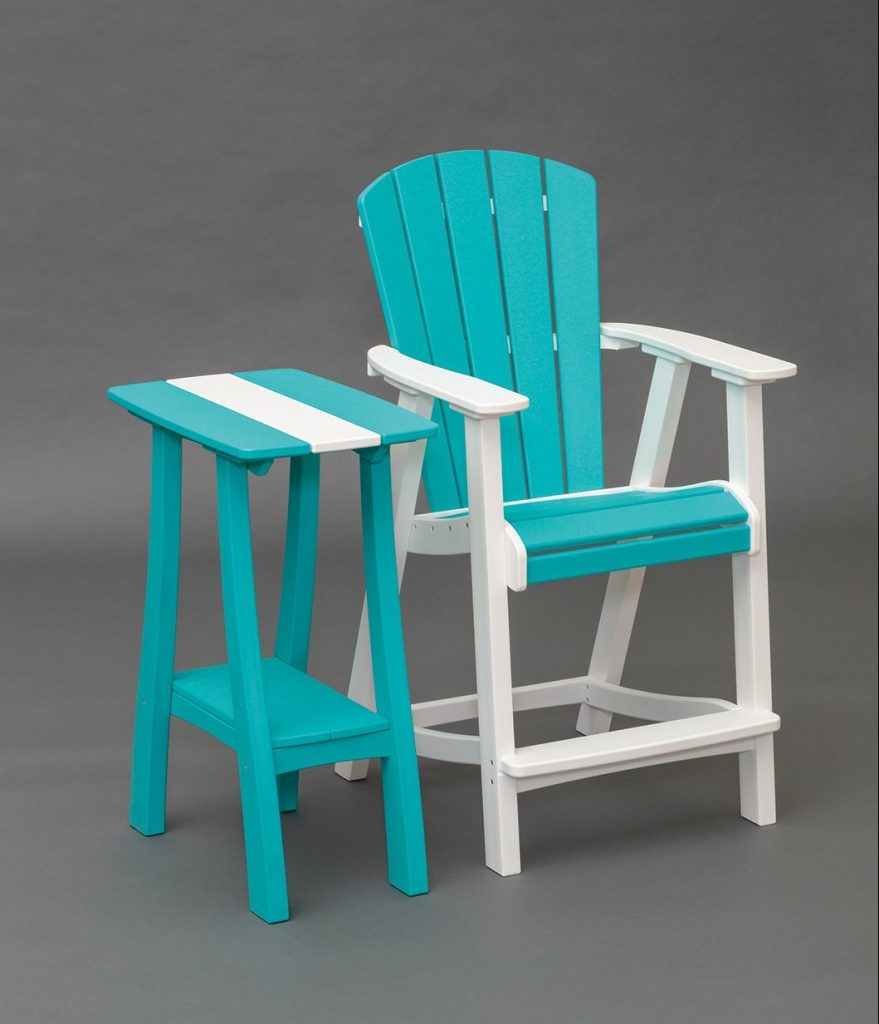 bright blue and white balcony chair and end table set