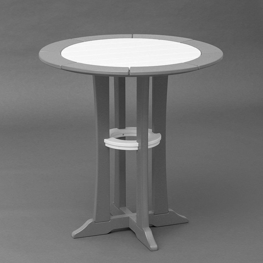 small outdoor round table in white and red